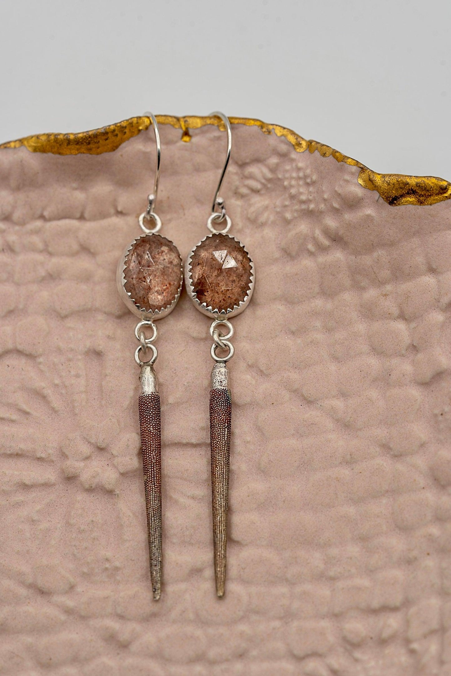 Strawberry Quartz & Sea Urchin Earrings - Deodata Jewelry Design